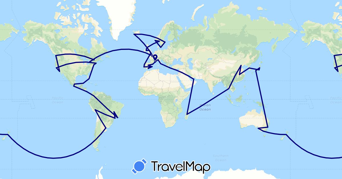 TravelMap itinerary: driving in United Arab Emirates, Argentina, Australia, Brazil, Canada, China, Colombia, Costa Rica, Denmark, Spain, France, United Kingdom, Greece, Ireland, Iceland, Italy, Japan, South Korea, Madagascar, Mexico, Norway, New Zealand, Peru, Portugal, Sweden, Thailand, United States (Africa, Asia, Europe, North America, Oceania, South America)